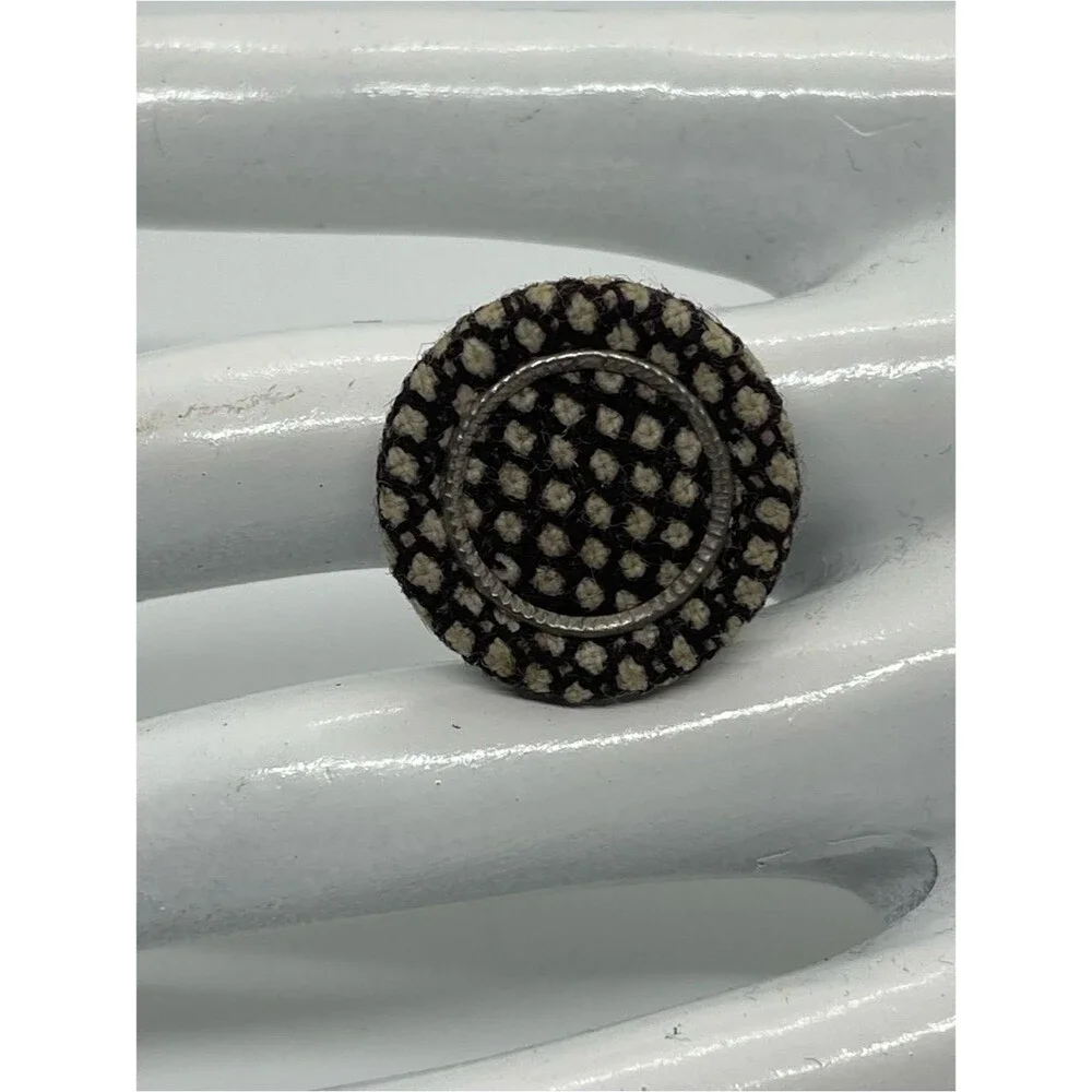 Hand Crafted Brown Cream Plaid Fabric Button Adjustable Ring NWT OS